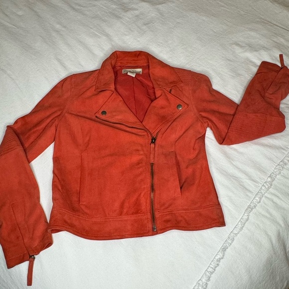 Lucky Brand Outpost Suede Moto Jacket Burnt Orange Edgy Goat Leather soft sexy - Picture 6 of 15